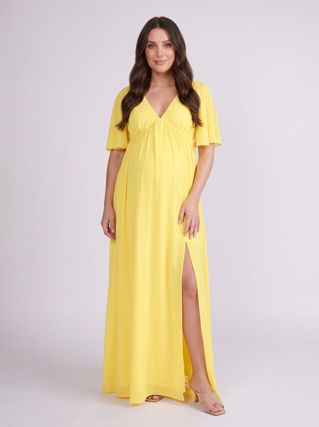 Lemon Chiffon A-Line V-Neck V-Back Ankle-Length Maternity Bridesmaid Dress