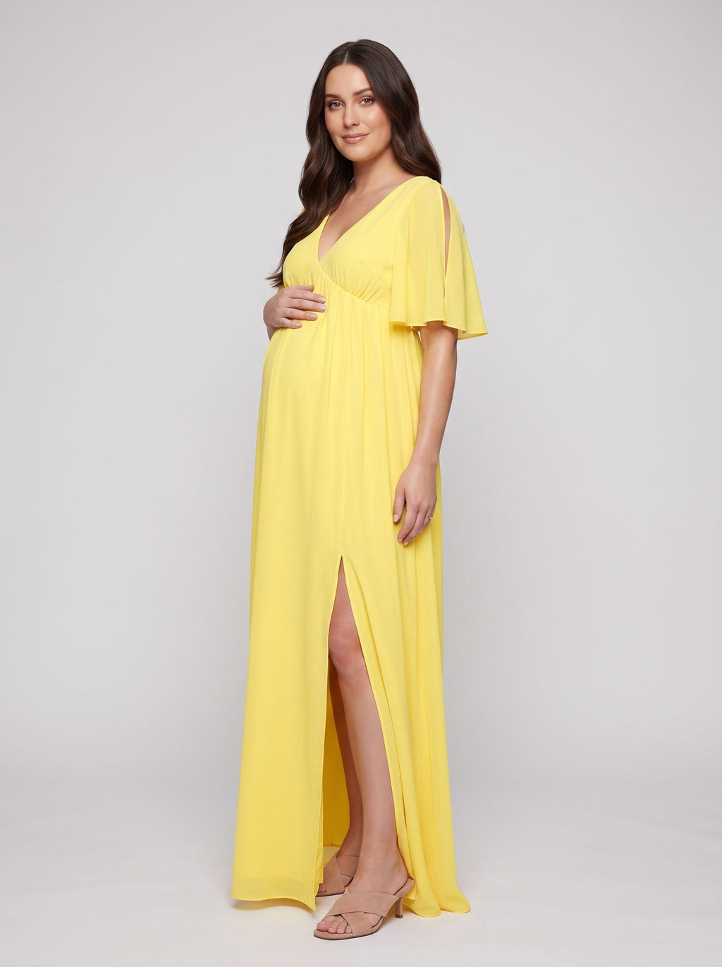 Lemon Chiffon A-Line V-Neck V-Back Ankle-Length Maternity Bridesmaid Dress
