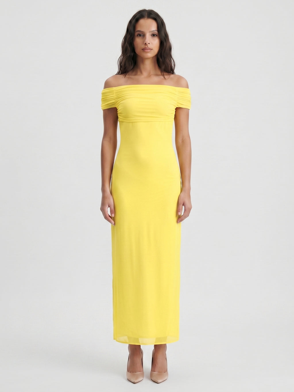 Lemon Chiffon Column Off-the-Shoulder Keyhole Back Ankle-Length Bridesmaid Dress with Pleats