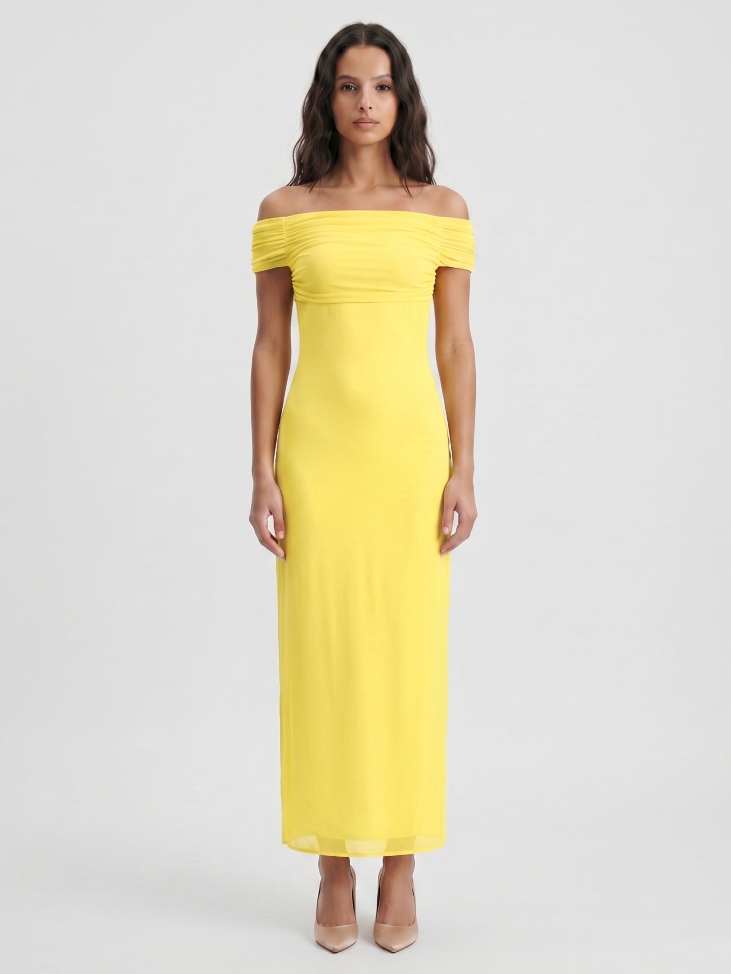 Lemon Chiffon Column Off-the-Shoulder Keyhole Back Ankle-Length Bridesmaid Dress with Pleats