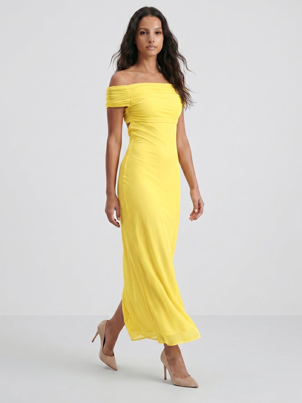 Lemon Chiffon Column Off-the-Shoulder Keyhole Back Ankle-Length Bridesmaid Dress with Pleats