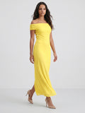 Lemon Chiffon Column Off-the-Shoulder Keyhole Back Ankle-Length Bridesmaid Dress with Pleats