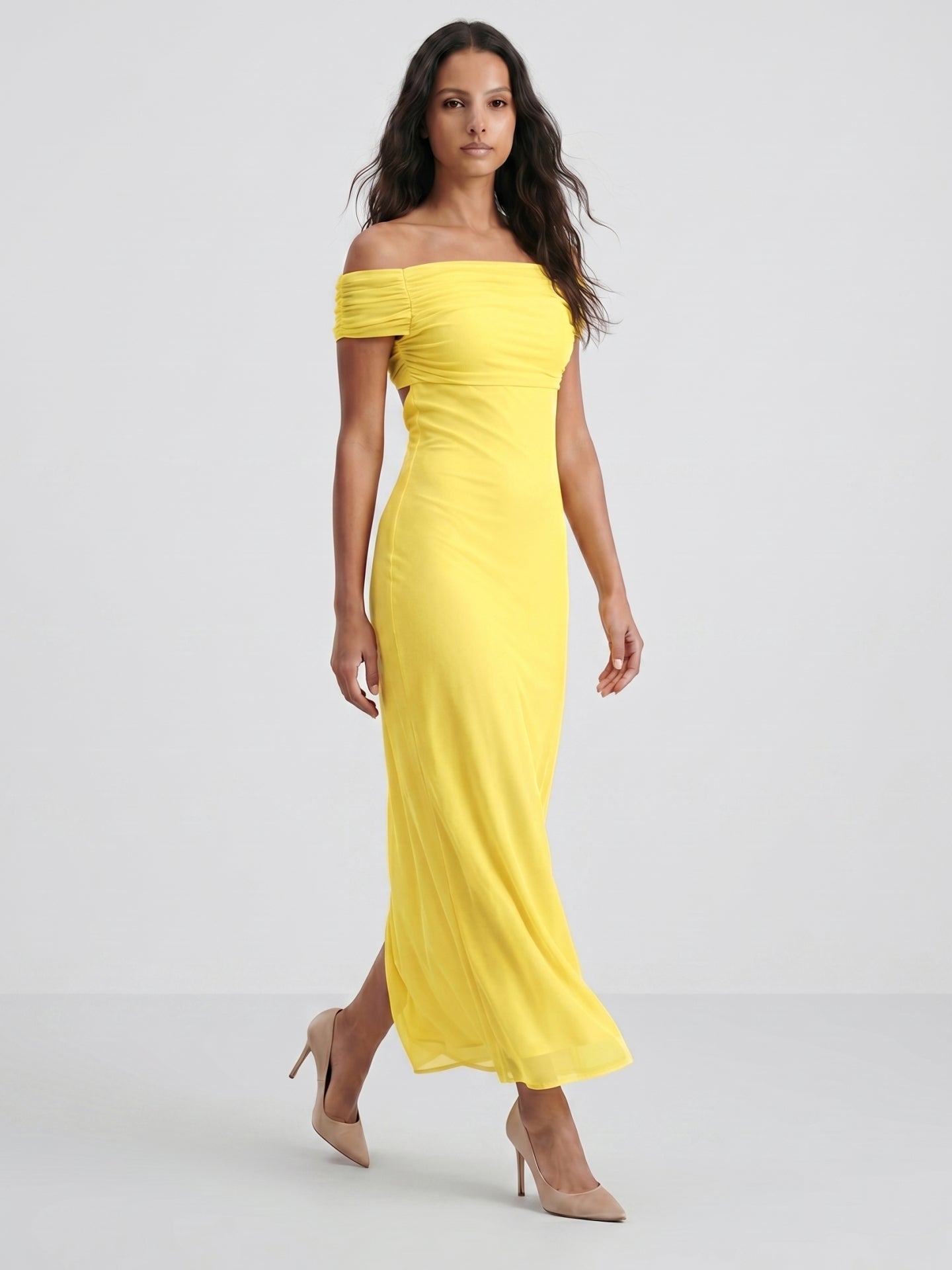 Lemon Chiffon Column Off-the-Shoulder Keyhole Back Ankle-Length Bridesmaid Dress with Pleats
