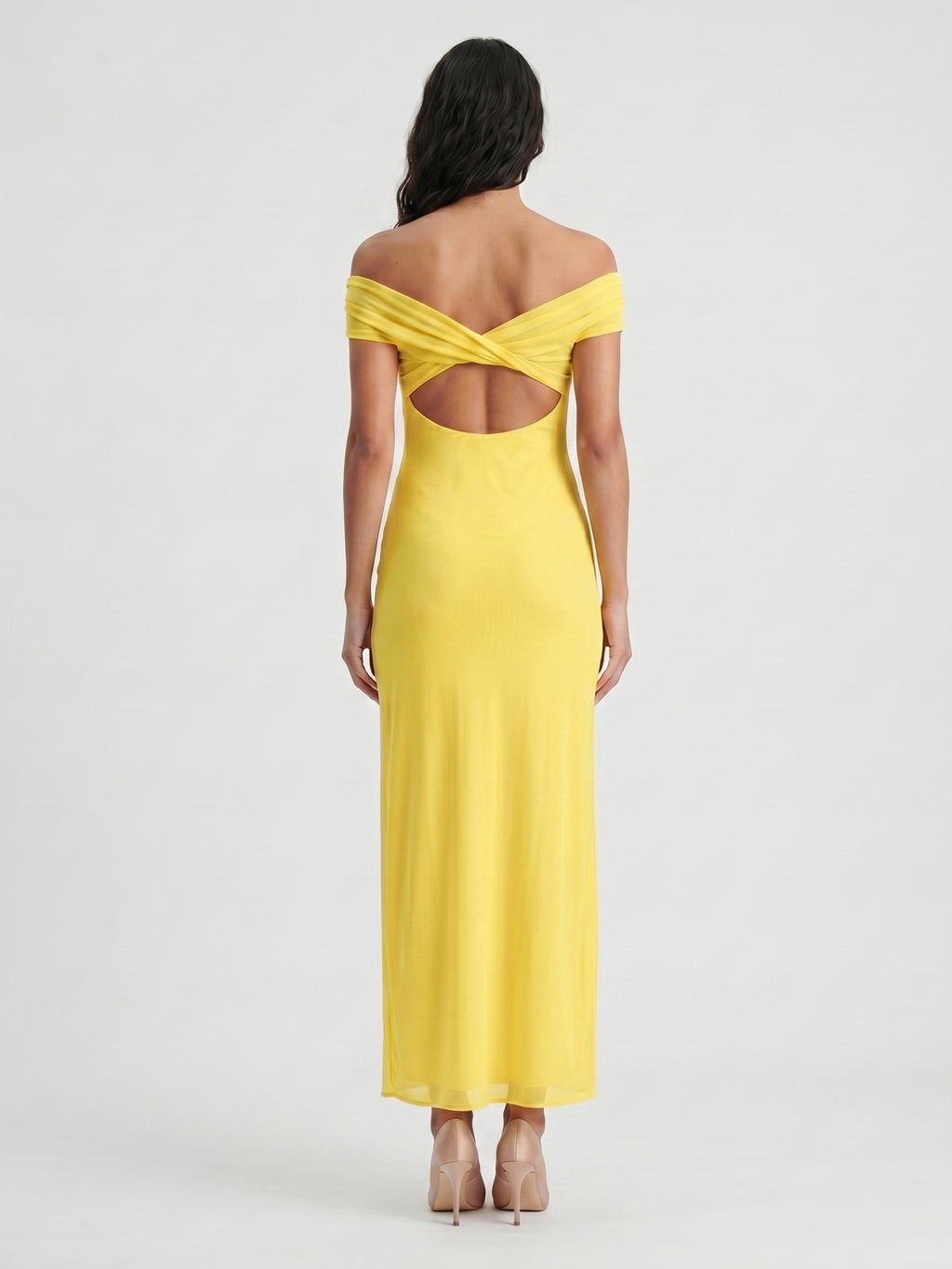 Lemon Chiffon Column Off-the-Shoulder Keyhole Back Ankle-Length Bridesmaid Dress with Pleats