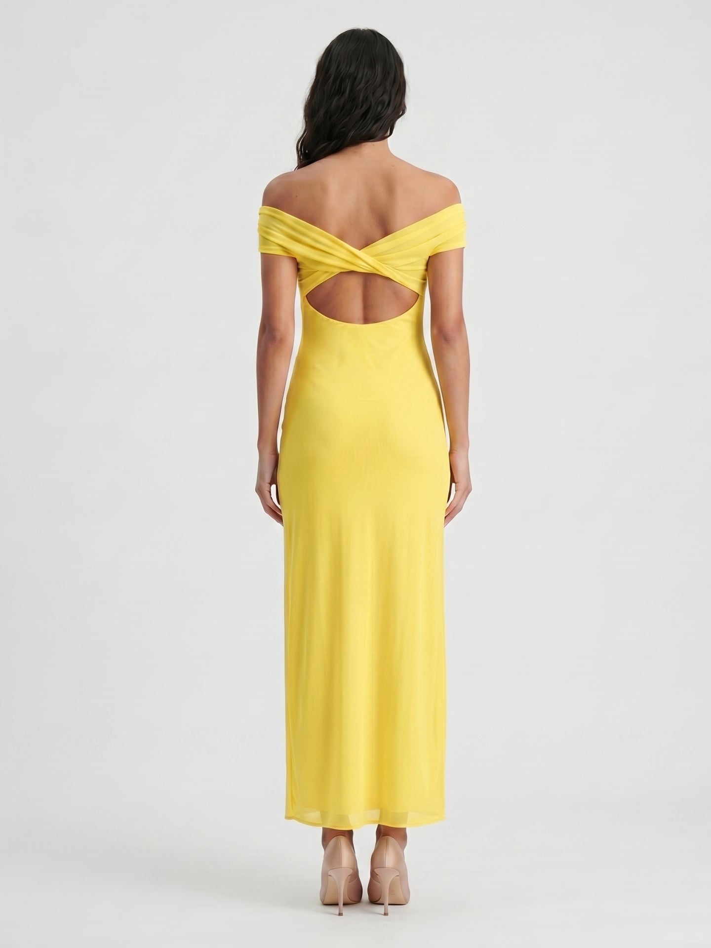 Lemon Chiffon Column Off-the-Shoulder Keyhole Back Ankle-Length Bridesmaid Dress with Pleats