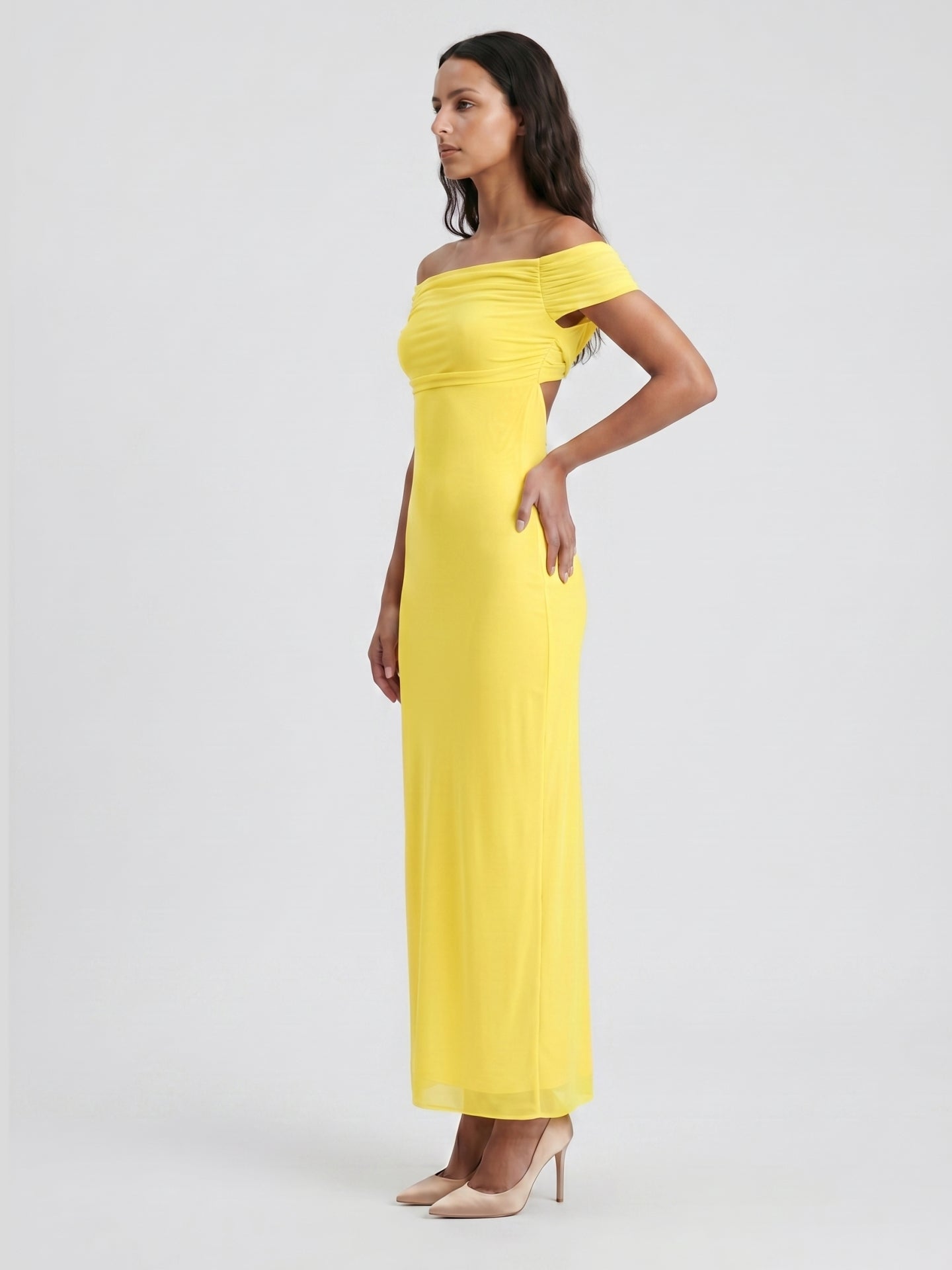 Lemon Chiffon Column Off-the-Shoulder Keyhole Back Ankle-Length Bridesmaid Dress with Pleats