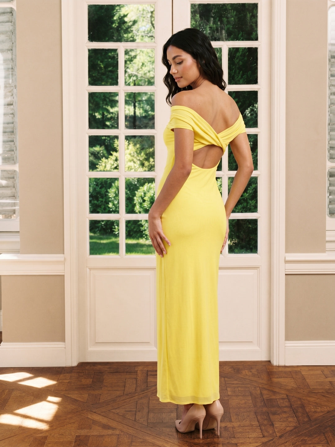 Lemon Chiffon Column Off-the-Shoulder Keyhole Back Ankle-Length Bridesmaid Dress with Pleats