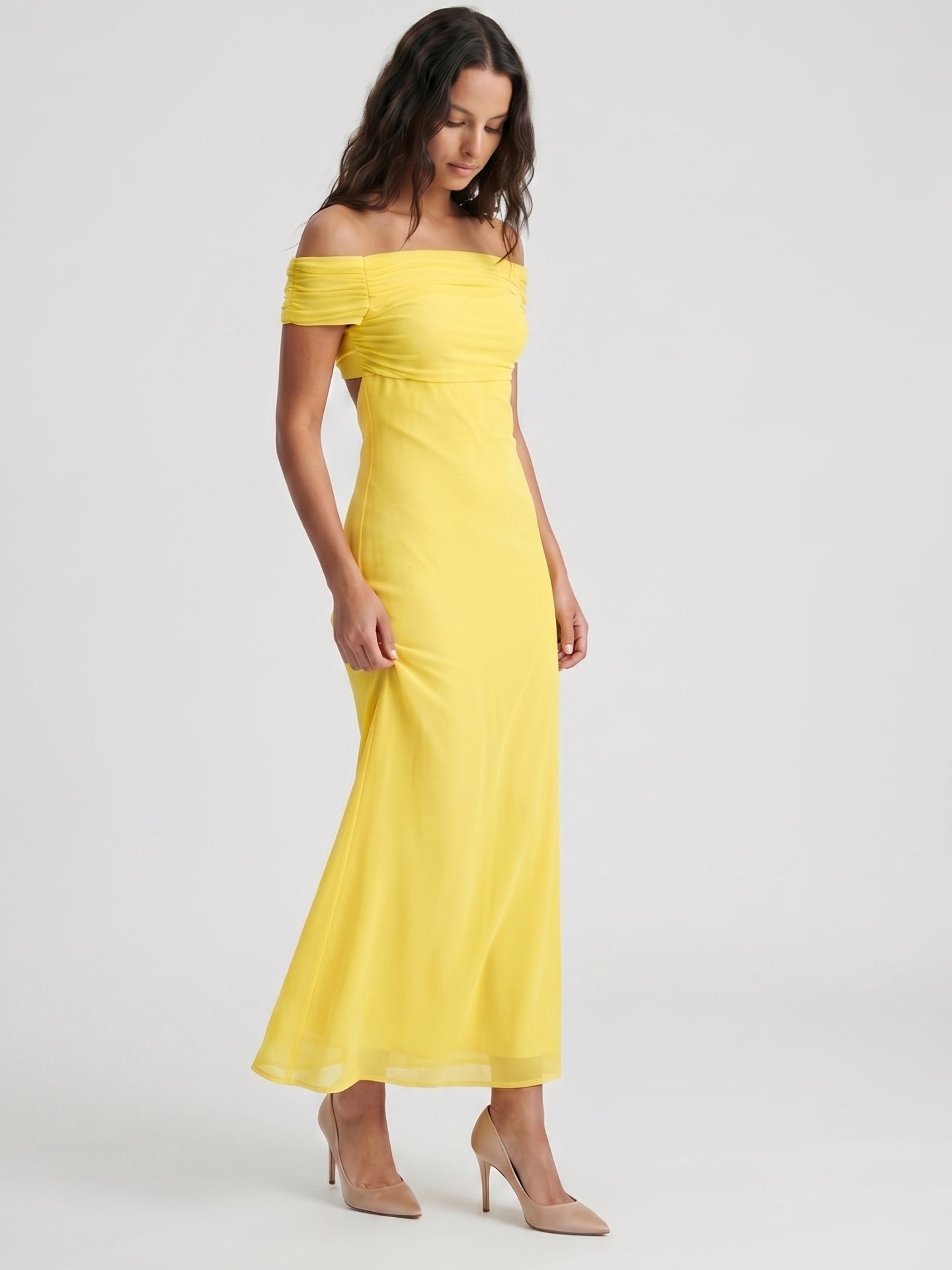 Lemon Chiffon Column Off-the-Shoulder Keyhole Back Ankle-Length Bridesmaid Dress with Pleats