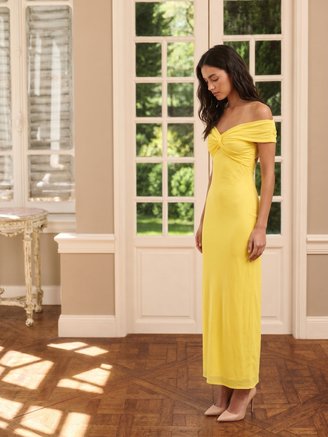 Lemon Chiffon Column Off-the-Shoulder Keyhole Back Ankle-Length Bridesmaid Dress with Pleats