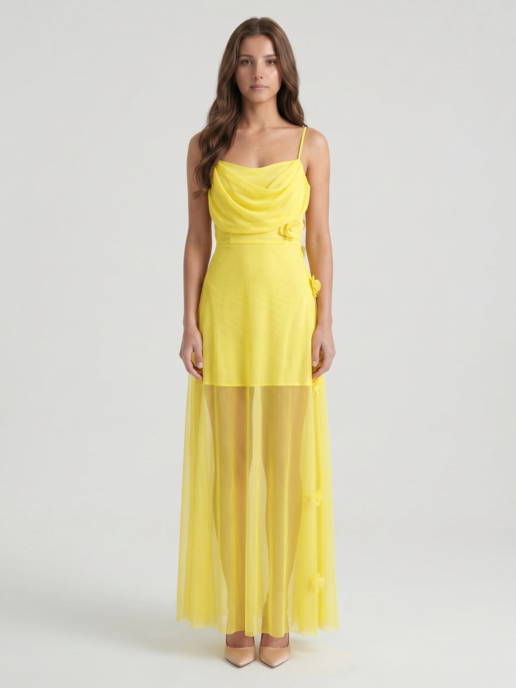 Lemon Chiffon Sheath Straight Neck Back Zip Floor Bridesmaid Dress with Pleats