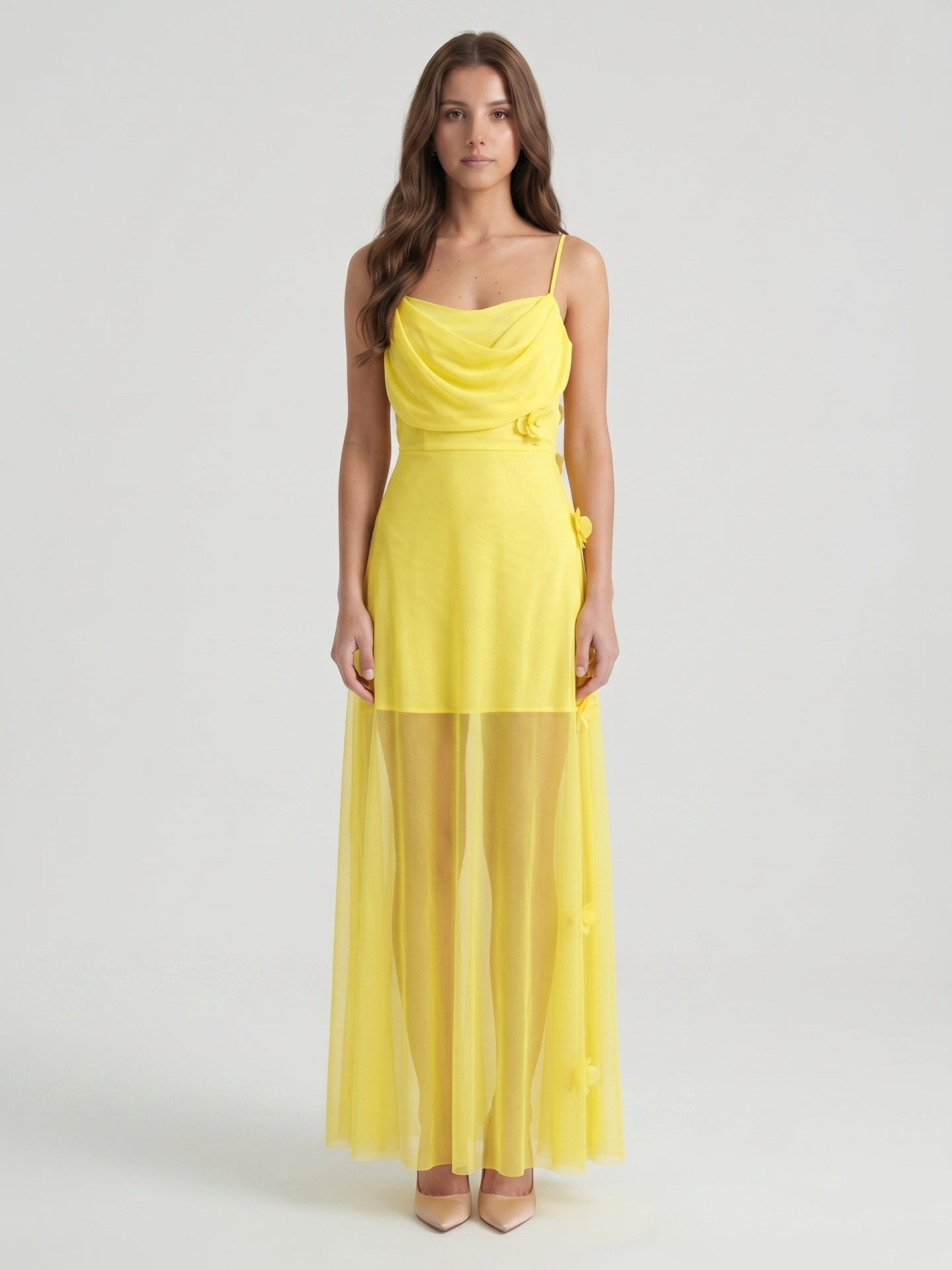 Lemon Chiffon Sheath Straight Neck Back Zip Floor Bridesmaid Dress with Pleats