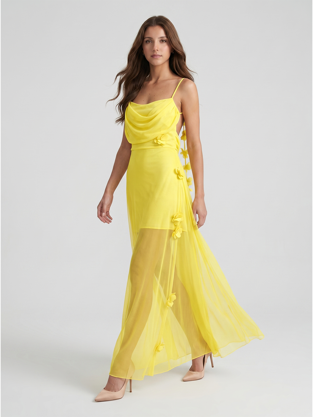 Lemon Chiffon Sheath Straight Neck Back Zip Floor Bridesmaid Dress with Pleats