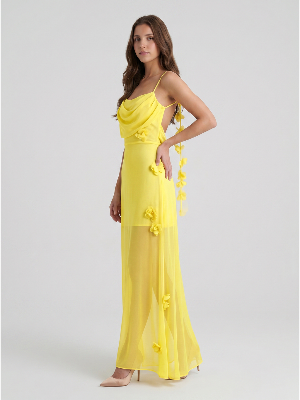 Lemon Chiffon Sheath Straight Neck Back Zip Floor Bridesmaid Dress with Pleats