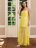 Lemon Chiffon Sheath Straight Neck Back Zip Floor Bridesmaid Dress with Pleats