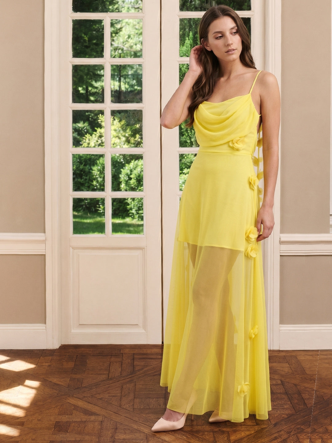 Lemon Chiffon Sheath Straight Neck Back Zip Floor Bridesmaid Dress with Pleats