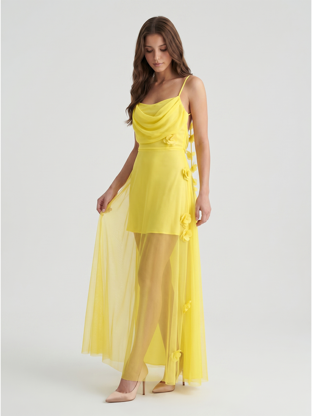 Lemon Chiffon Sheath Straight Neck Back Zip Floor Bridesmaid Dress with Pleats