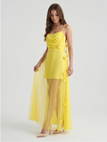 Lemon Chiffon Sheath Straight Neck Back Zip Floor Bridesmaid Dress with Pleats