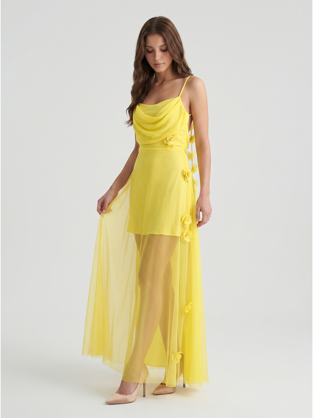 Lemon Chiffon Sheath Straight Neck Back Zip Floor Bridesmaid Dress with Pleats