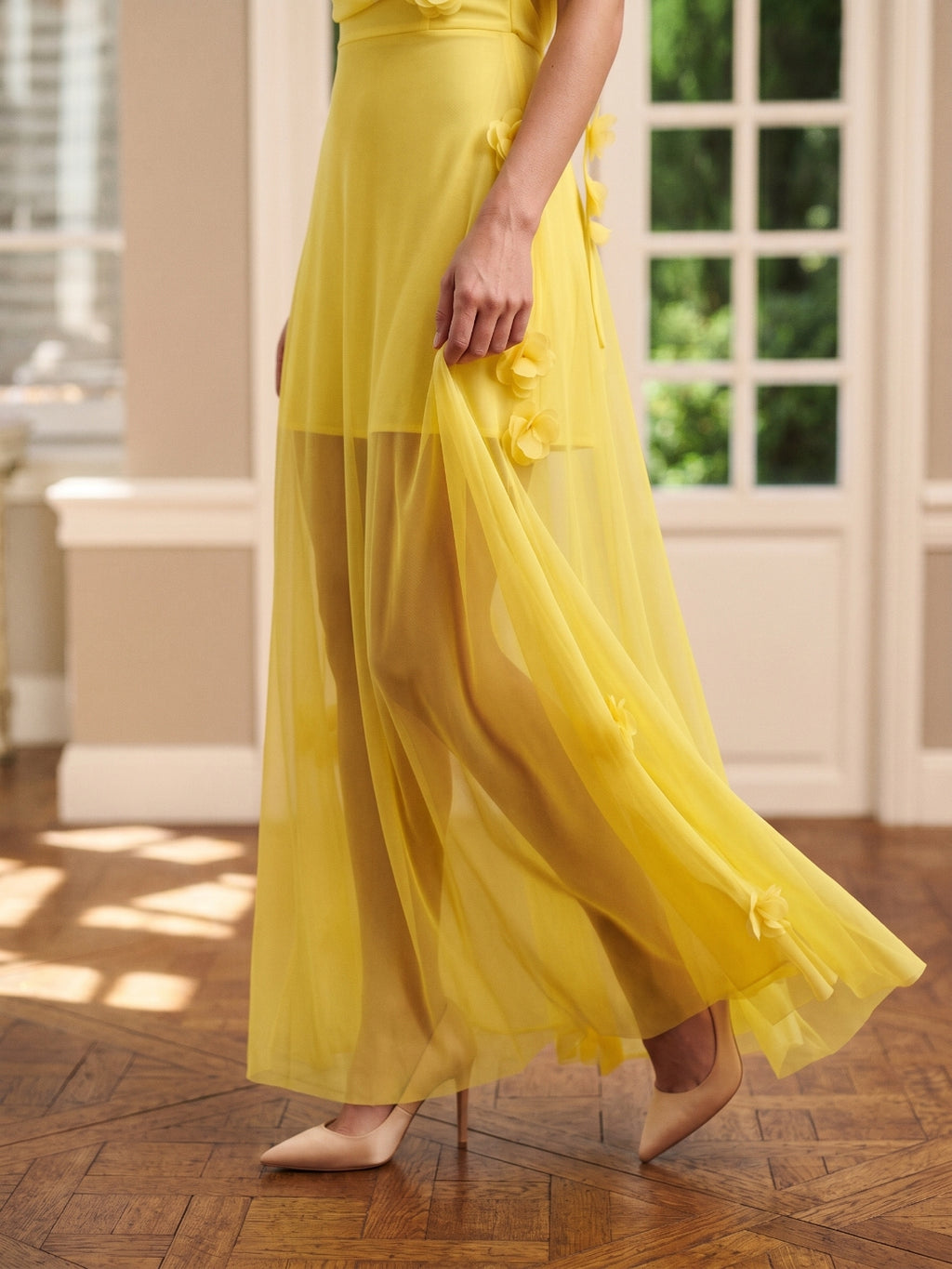 Lemon Chiffon Sheath Straight Neck Back Zip Floor Bridesmaid Dress with Pleats