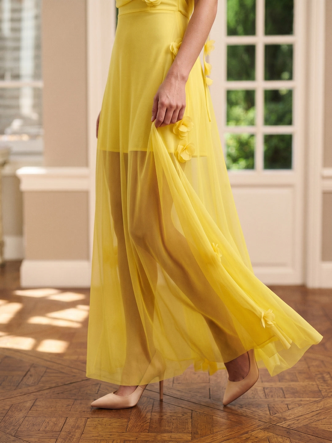 Lemon Chiffon Sheath Straight Neck Back Zip Floor Bridesmaid Dress with Pleats