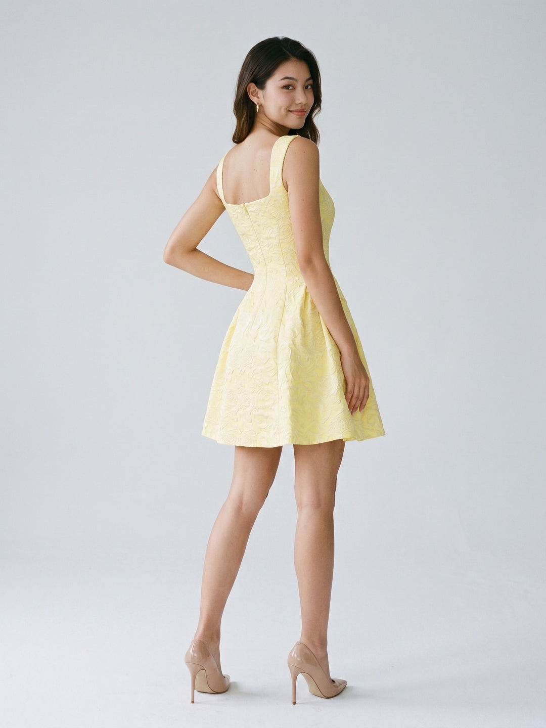 Lemon Jacquard A-Line Square Neck Back Zip Short Dress