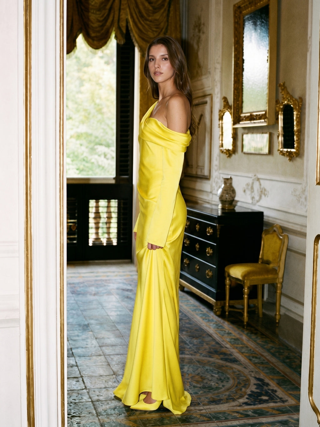 Lemon Matte Satin Sheath One Shoulder Back Zip Floor Bridesmaid Dress with Pleats