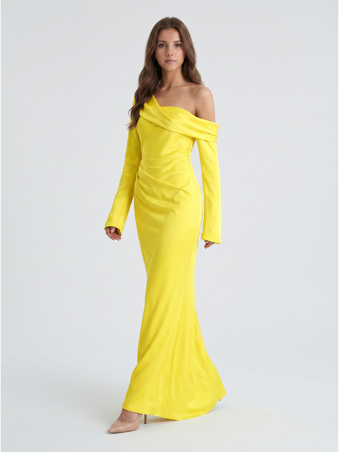 Lemon Matte Satin Sheath One Shoulder Back Zip Floor Bridesmaid Dress with Pleats