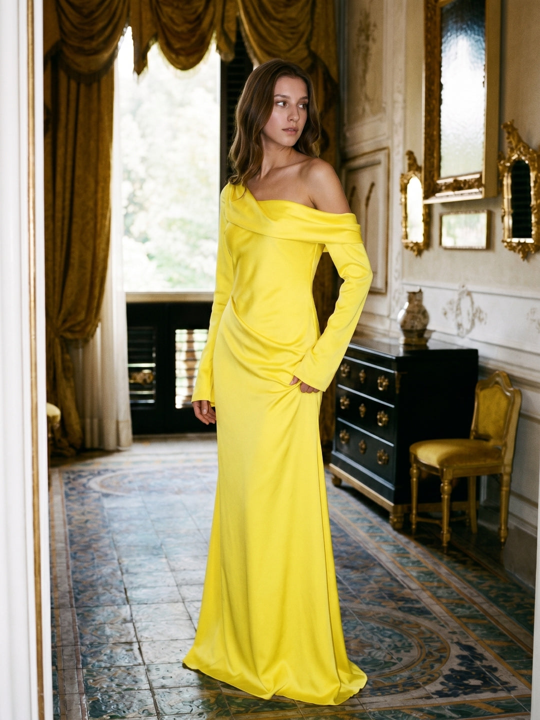 Lemon Matte Satin Sheath One Shoulder Back Zip Floor Bridesmaid Dress with Pleats