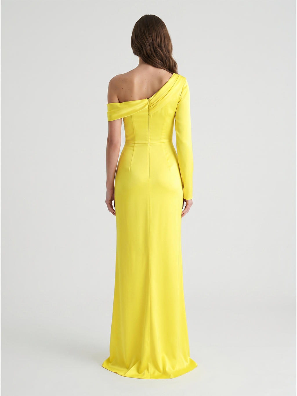 Lemon Matte Satin Sheath One Shoulder Back Zip Floor Bridesmaid Dress with Pleats