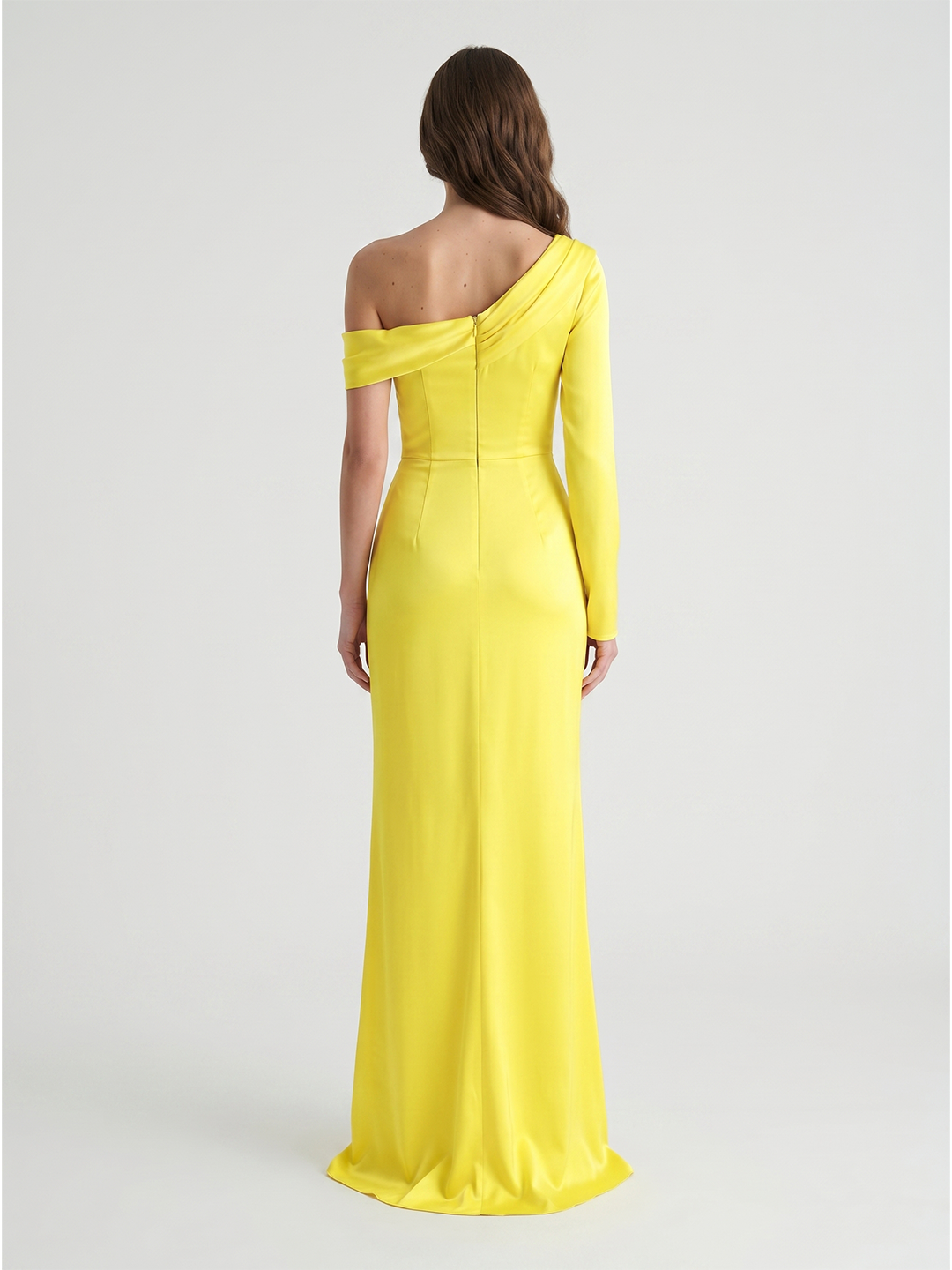 Lemon Matte Satin Sheath One Shoulder Back Zip Floor Bridesmaid Dress with Pleats