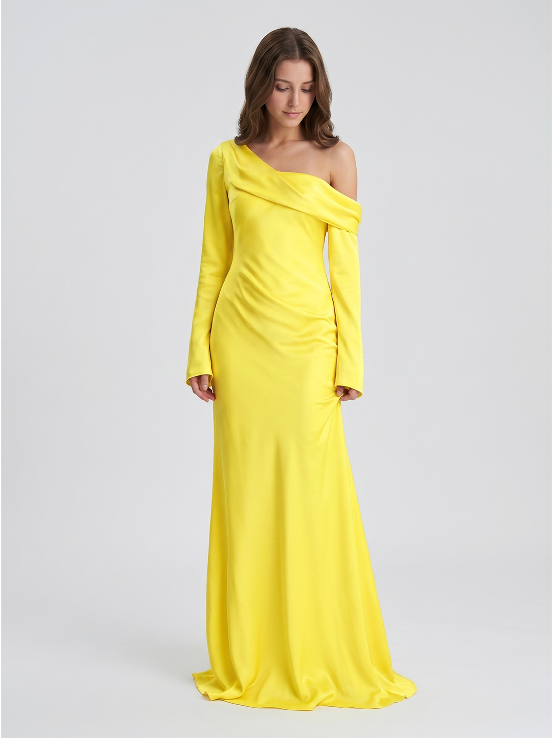 Lemon Matte Satin Sheath One Shoulder Back Zip Floor Bridesmaid Dress with Pleats