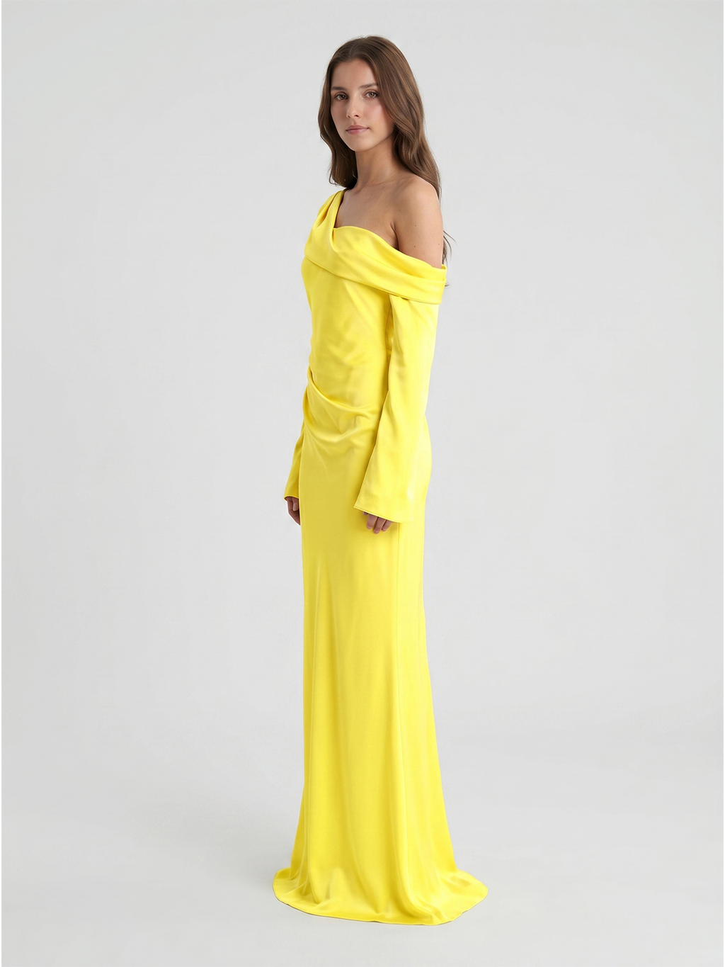 Lemon Matte Satin Sheath One Shoulder Back Zip Floor Bridesmaid Dress with Pleats