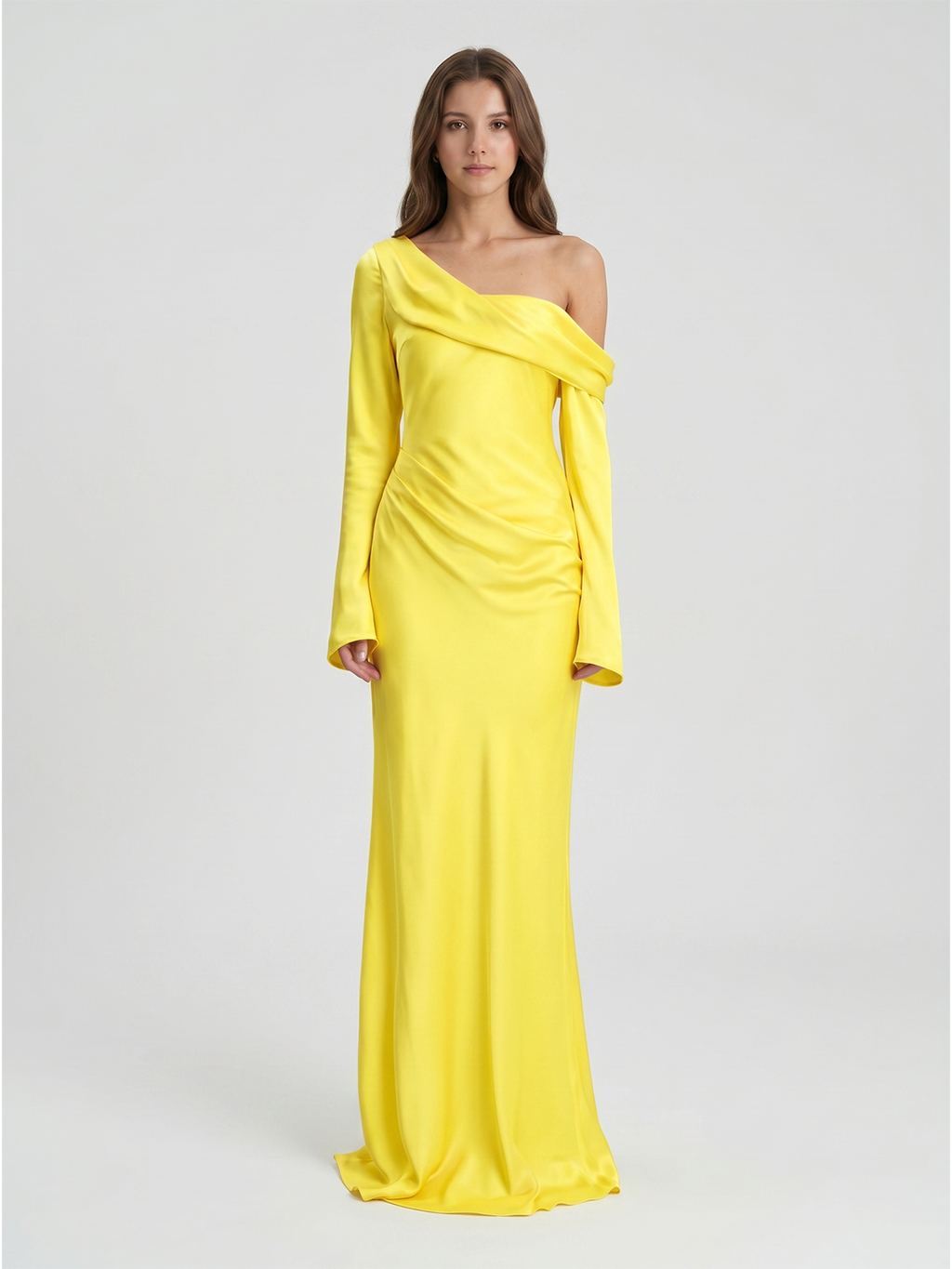 Lemon Matte Satin Sheath One Shoulder Back Zip Floor Bridesmaid Dress with Pleats