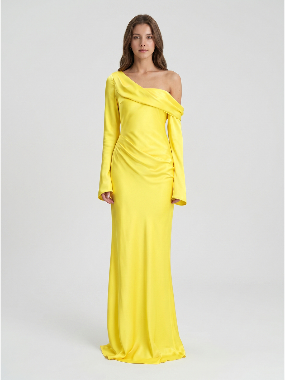 Lemon Matte Satin Sheath One Shoulder Back Zip Floor Bridesmaid Dress with Pleats