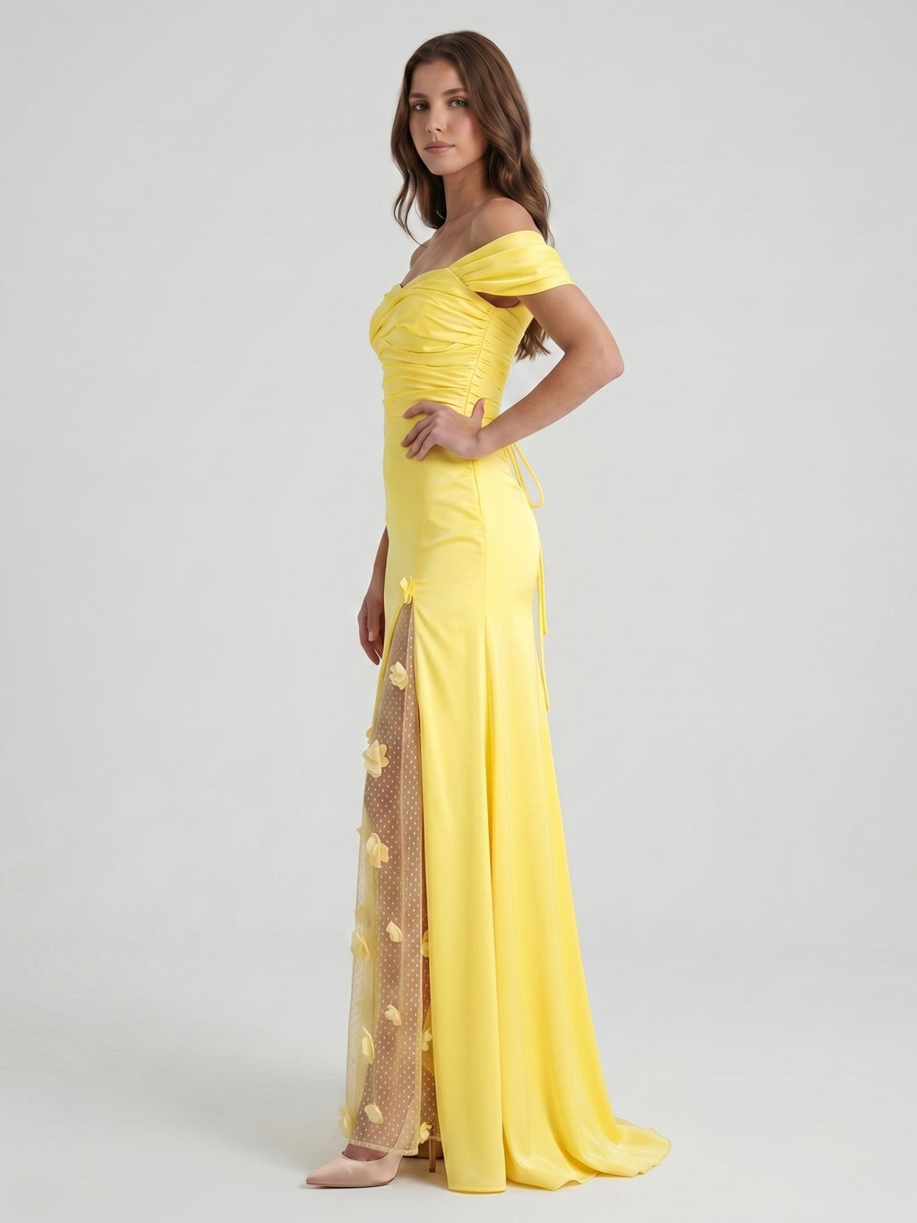 Lemon Satin A-Line Off-Shoulder Criss-Cross Floor-Length Bridesmaid Dress with 3D Flowers