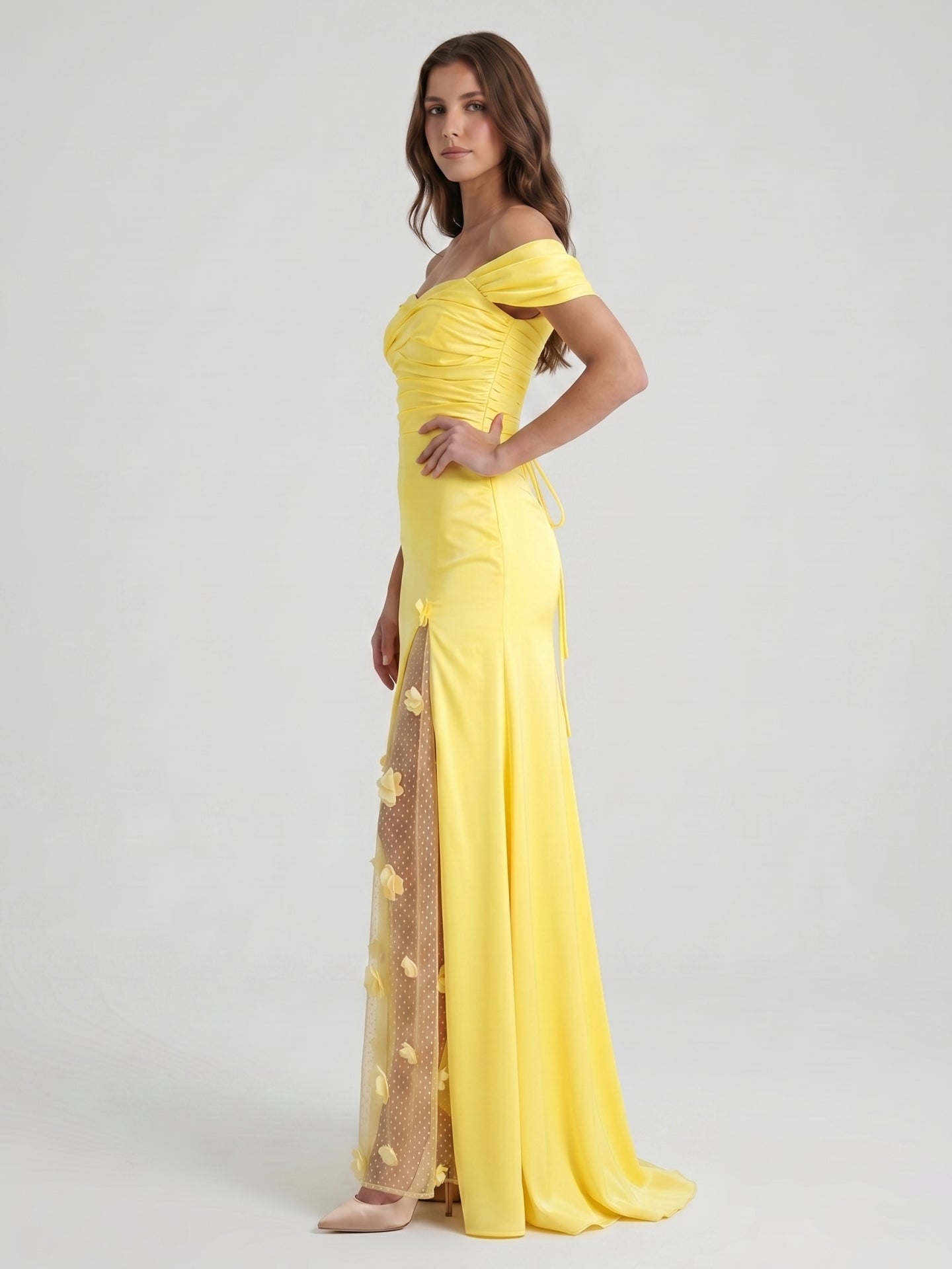 Lemon Satin A-Line Off-Shoulder Criss-Cross Floor-Length Bridesmaid Dress with 3D Flowers