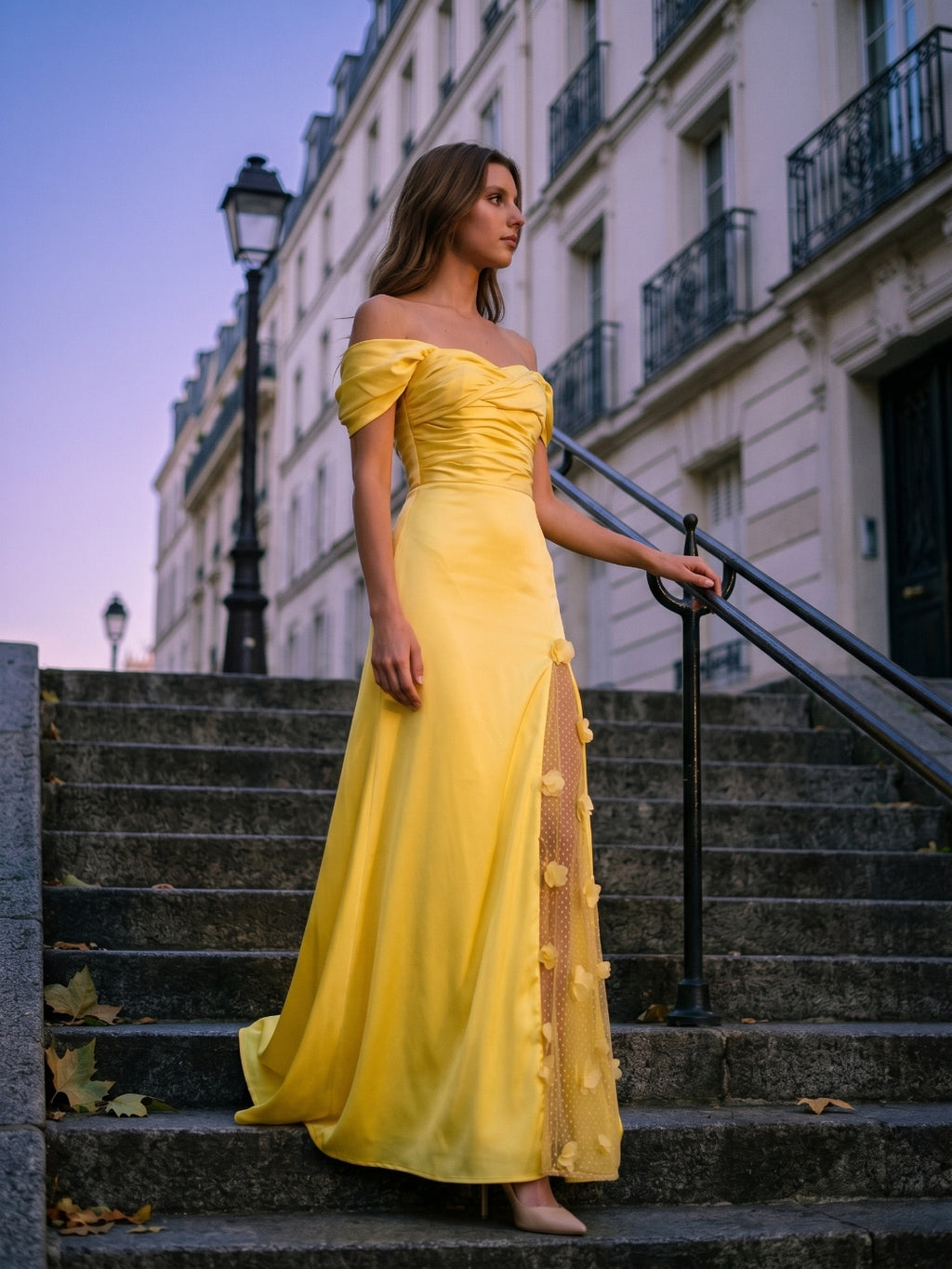 Lemon Satin A-Line Off-Shoulder Criss-Cross Floor-Length Bridesmaid Dress with 3D Flowers