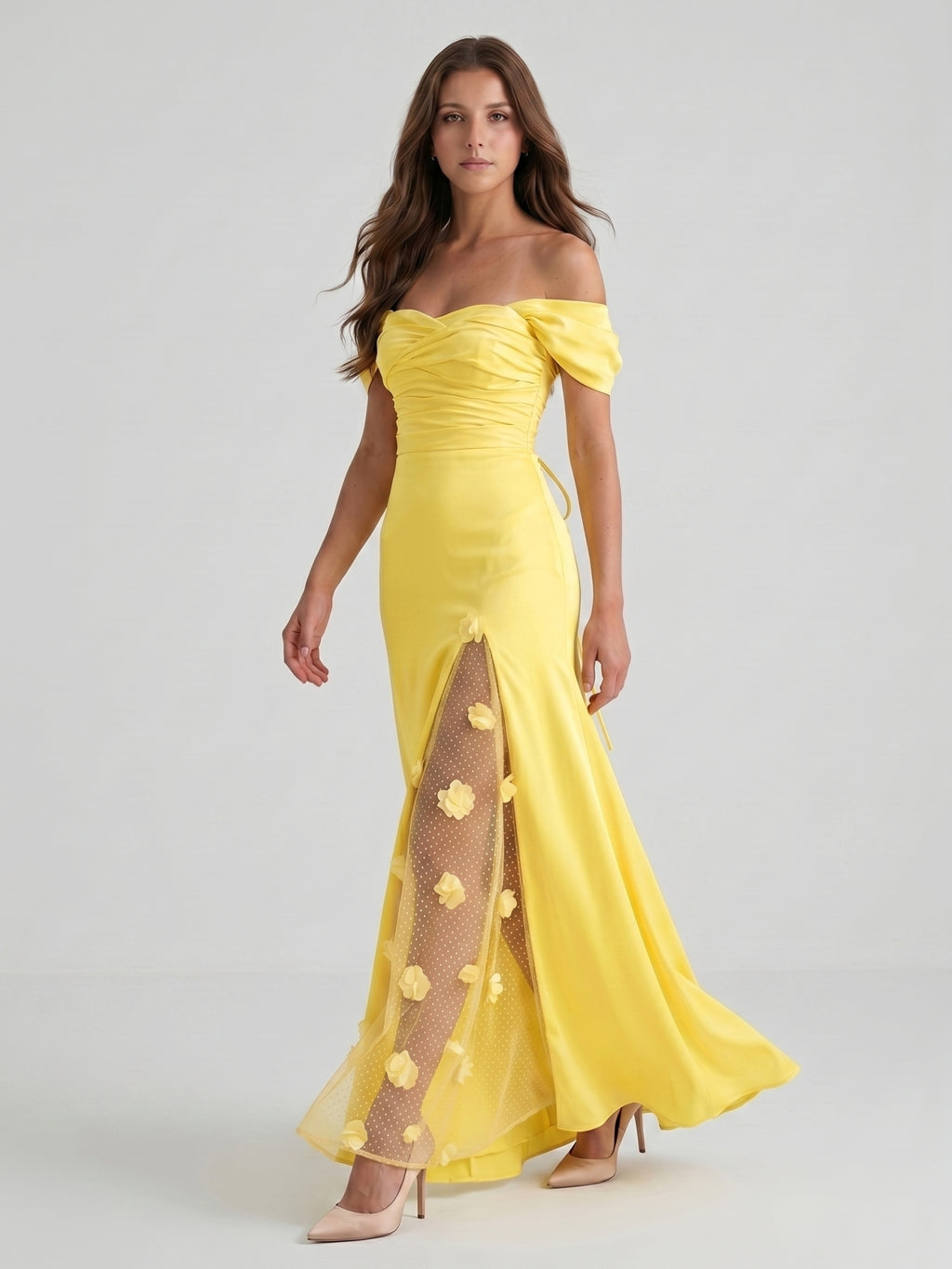 Lemon Satin A-Line Off-Shoulder Criss-Cross Floor-Length Bridesmaid Dress with 3D Flowers