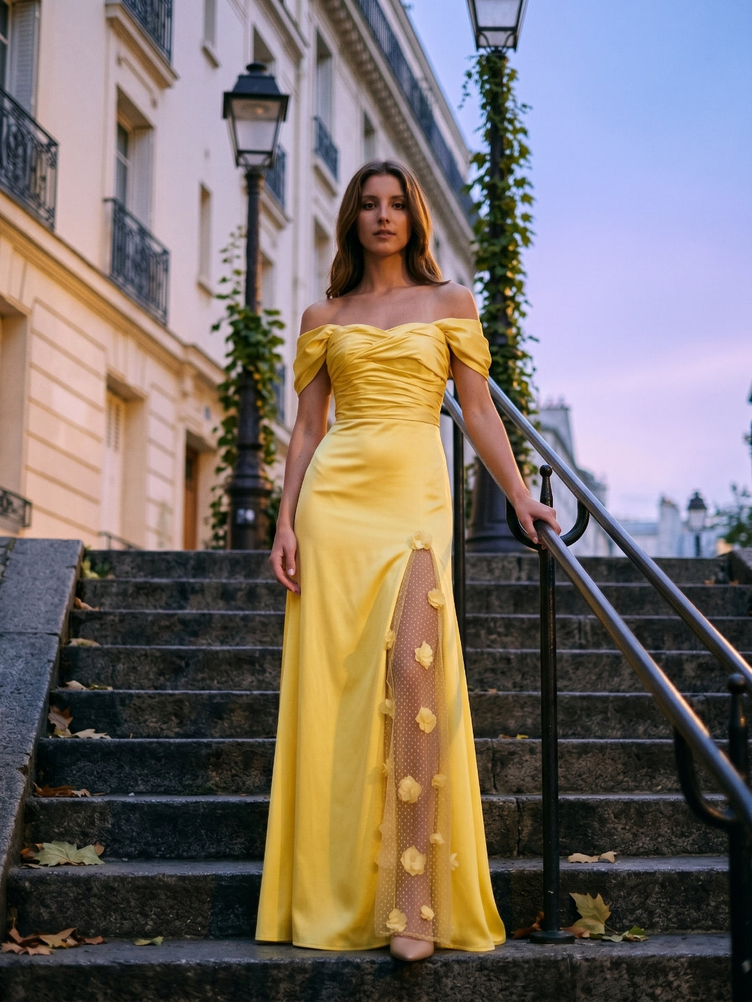 Lemon Satin A-Line Off-Shoulder Criss-Cross Floor-Length Bridesmaid Dress with 3D Flowers