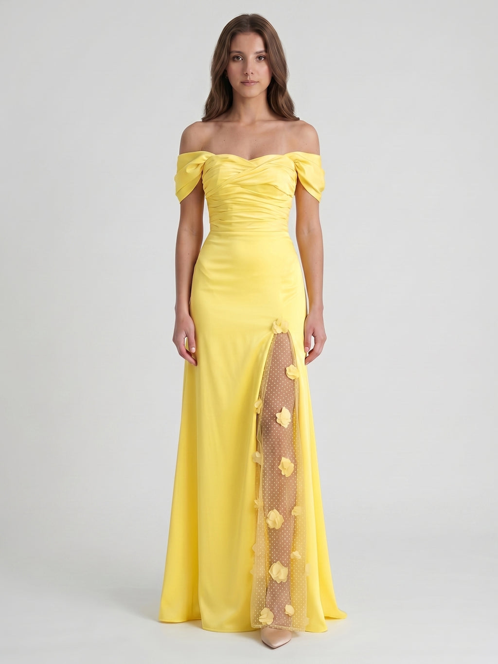 Lemon Satin A-Line Off-Shoulder Criss-Cross Floor-Length Bridesmaid Dress with 3D Flowers