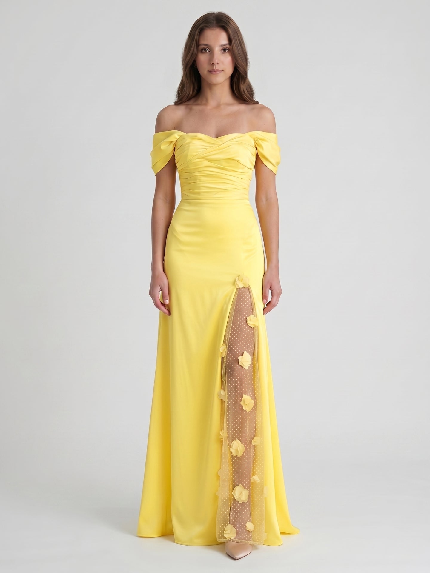 Lemon Satin A-Line Off-Shoulder Criss-Cross Floor-Length Bridesmaid Dress with 3D Flowers