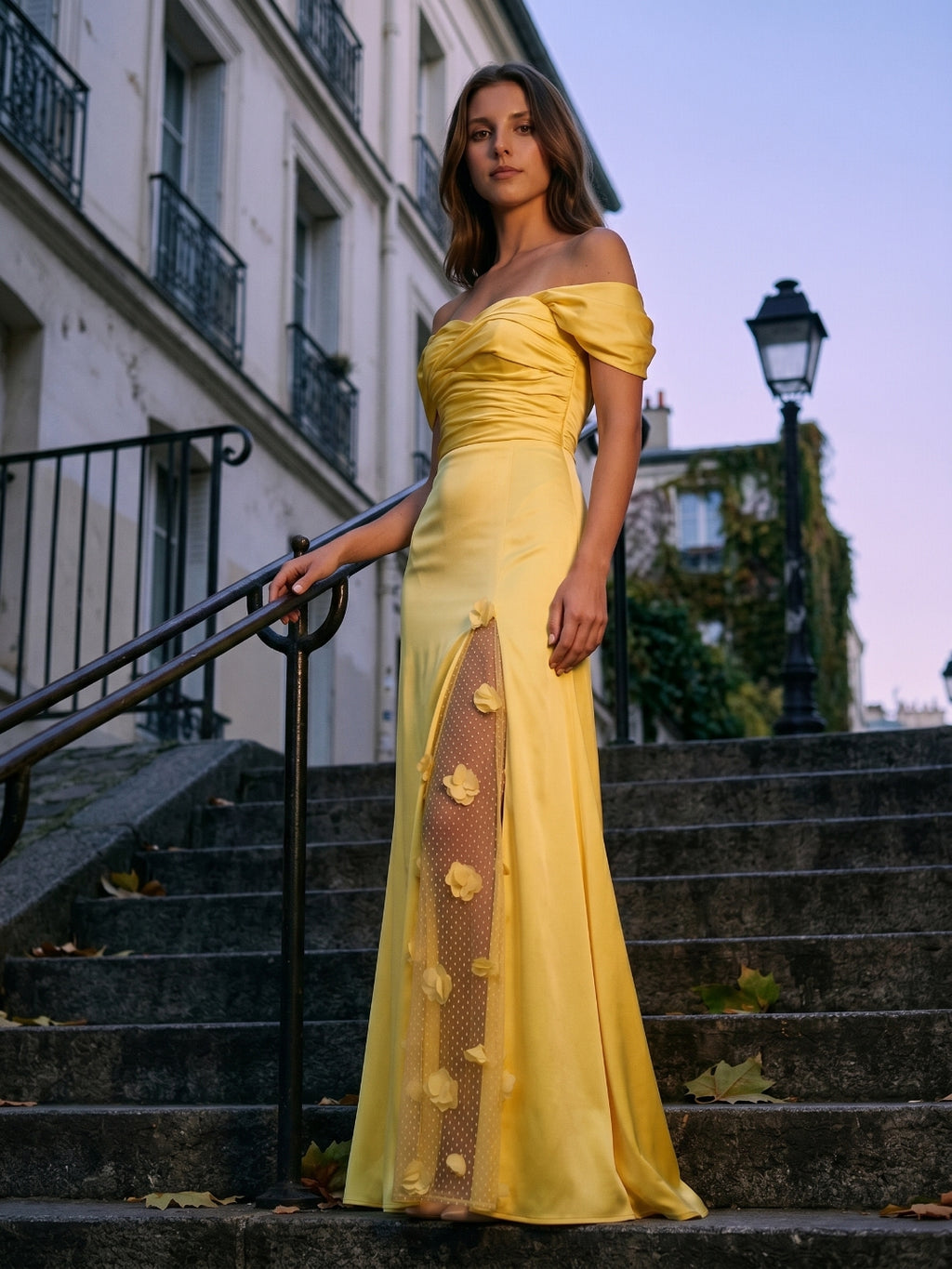 Lemon Satin A-Line Off-Shoulder Criss-Cross Floor-Length Bridesmaid Dress with 3D Flowers