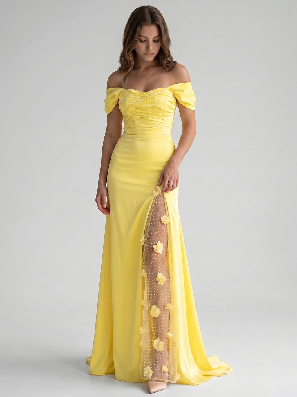 Lemon Satin A-Line Off-Shoulder Criss-Cross Floor-Length Bridesmaid Dress with 3D Flowers