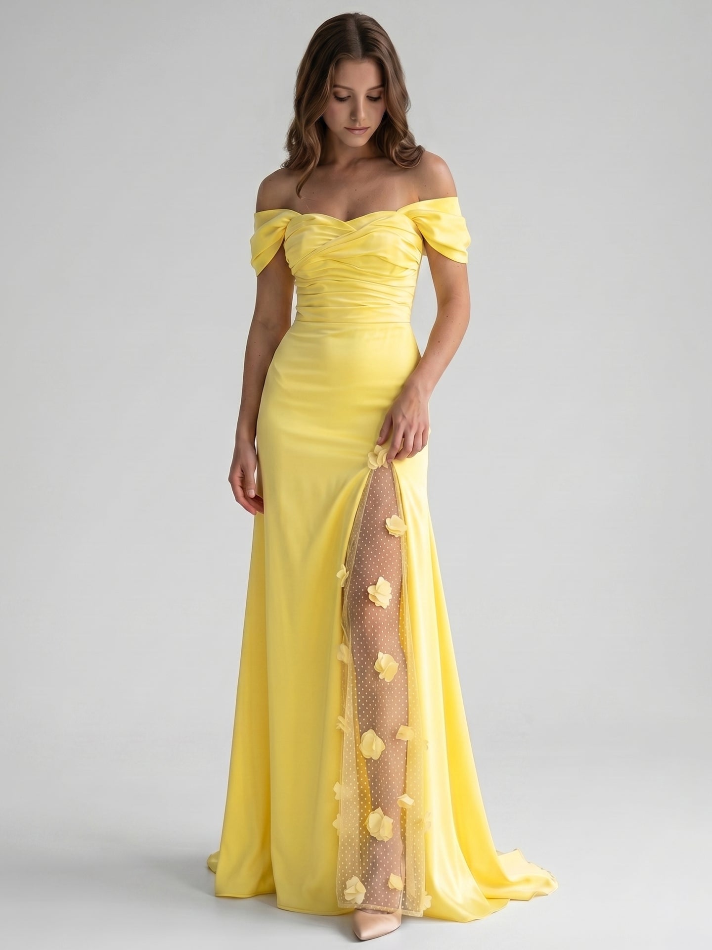 Lemon Satin A-Line Off-Shoulder Criss-Cross Floor-Length Bridesmaid Dress with 3D Flowers