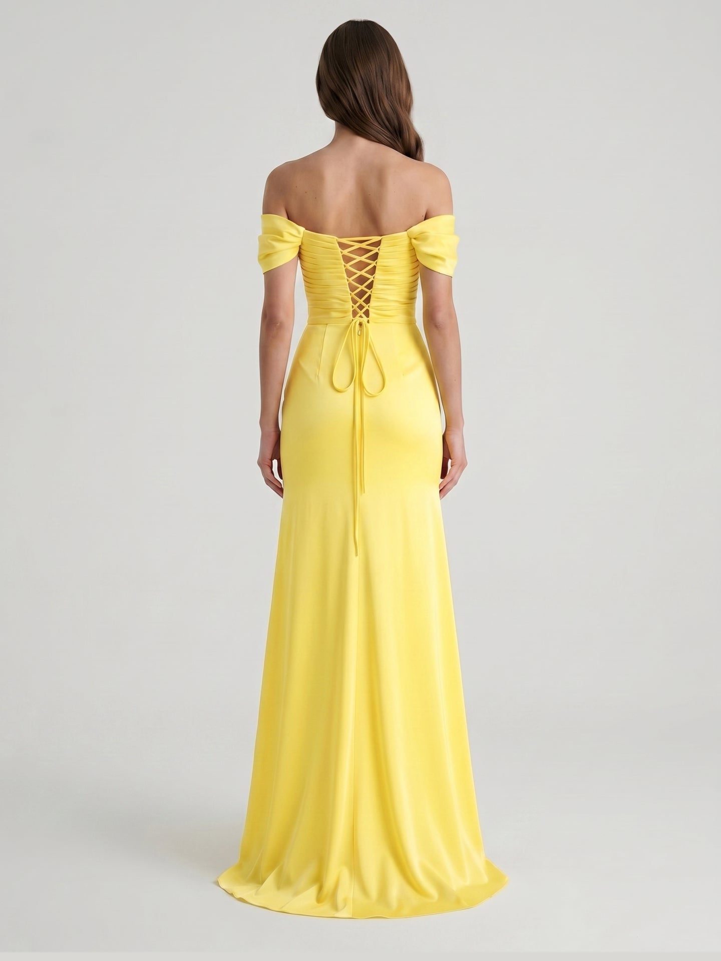 Lemon Satin A-Line Off-Shoulder Criss-Cross Floor-Length Bridesmaid Dress with 3D Flowers