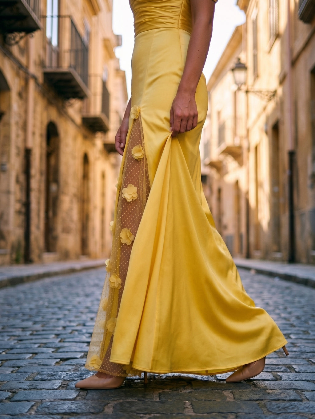 Lemon Satin A-Line Off-Shoulder Criss-Cross Floor-Length Bridesmaid Dress with 3D Flowers