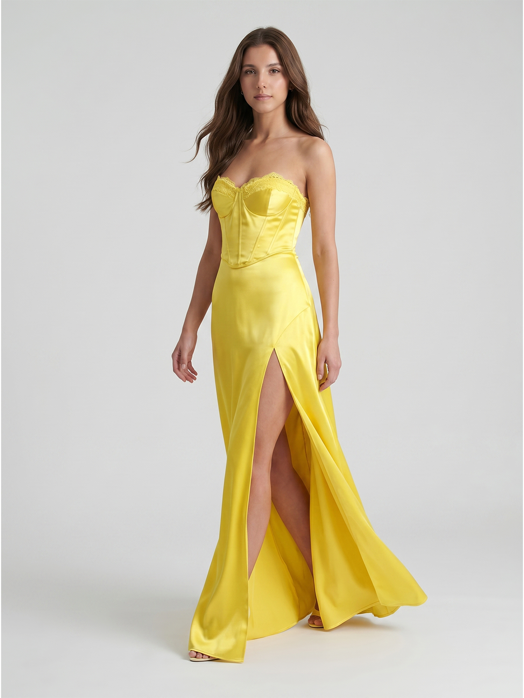 Lemon Satin A-Line Sweetheart Back Zip Floor-Length Bridesmaid Dress with Pleats