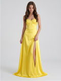 Lemon Satin A-Line Sweetheart Back Zip Floor-Length Bridesmaid Dress with Pleats