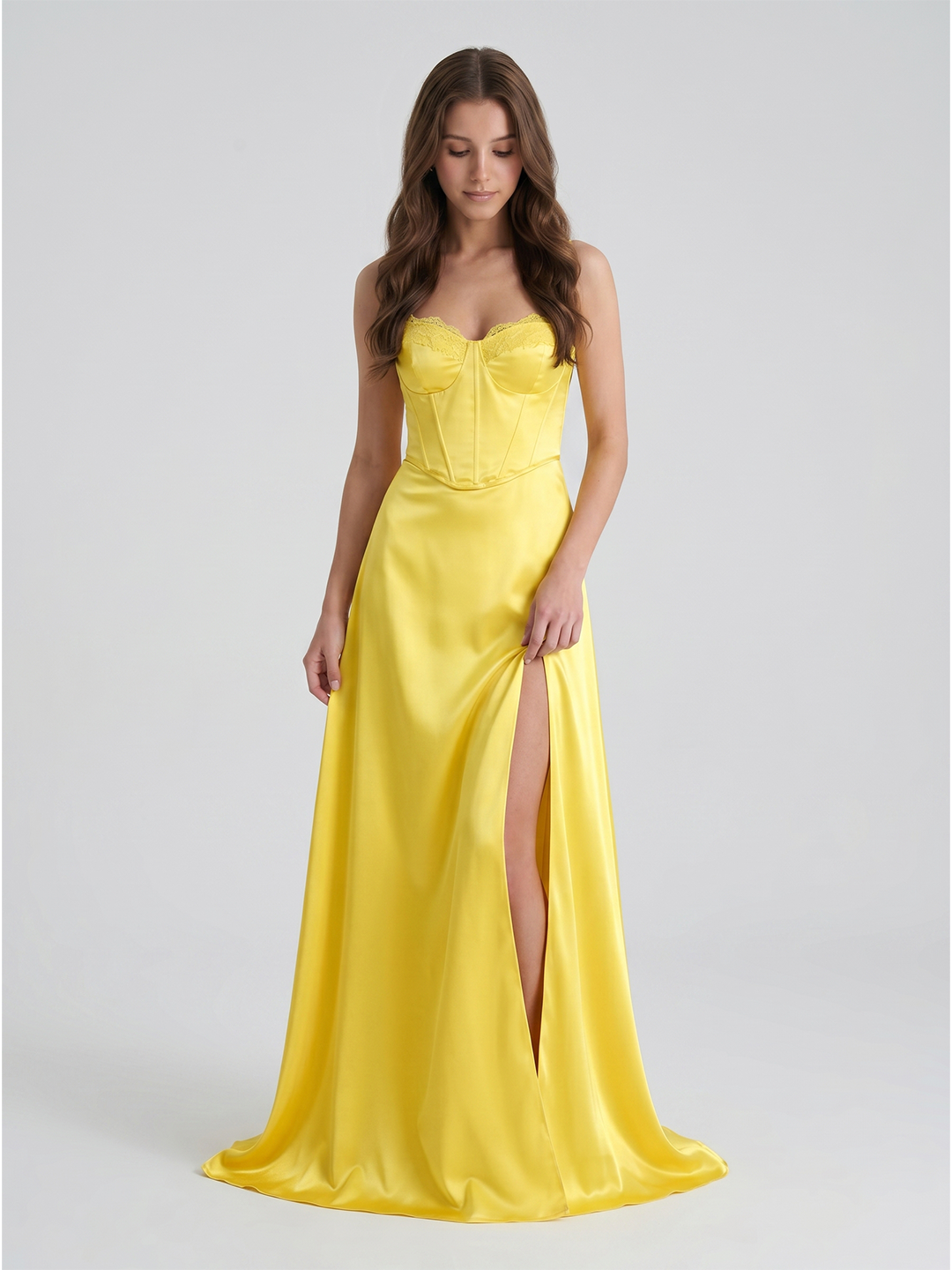 Lemon Satin A-Line Sweetheart Back Zip Floor-Length Bridesmaid Dress with Pleats