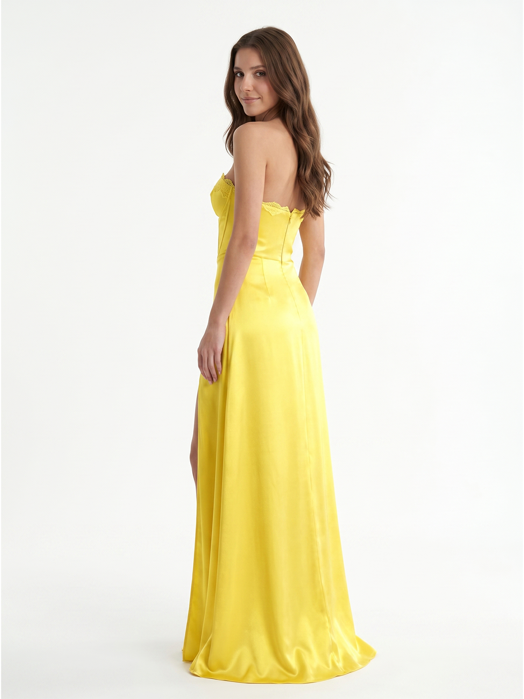 Lemon Satin A-Line Sweetheart Back Zip Floor-Length Bridesmaid Dress with Pleats